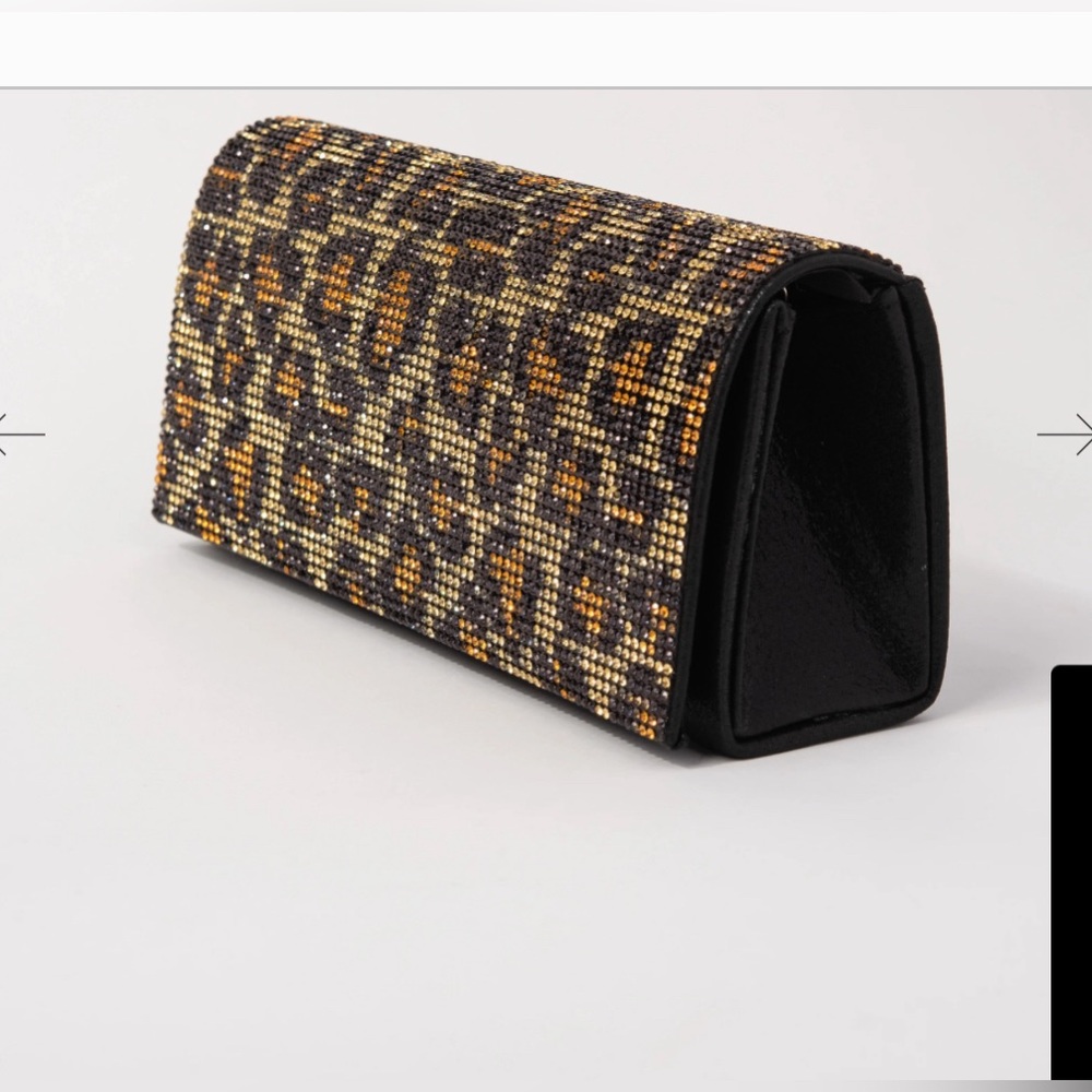 Rhinestone Embellished Clutch Purse Evening Bag with Chain Strap - Black Leopard